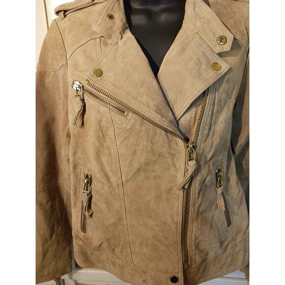 MNG Mango Suede Leather Moto Biker Jacket Women's Size S Tan Beige Zip Up - Picture 2 of 9